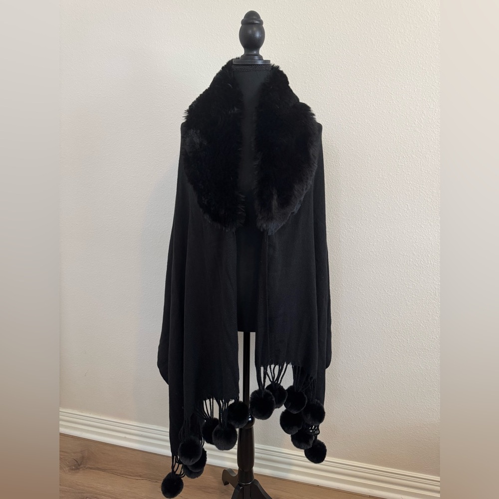 Black faux fur wrap with Pom Pom accents